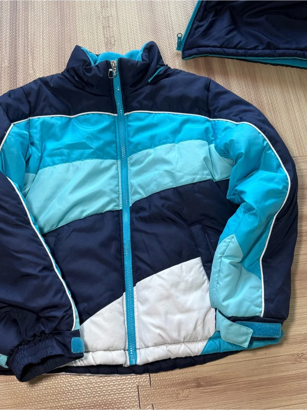 Rothschild Girls 10/12 Winter Puffer Ski Jacket Blue Colorblock Removable Hood
